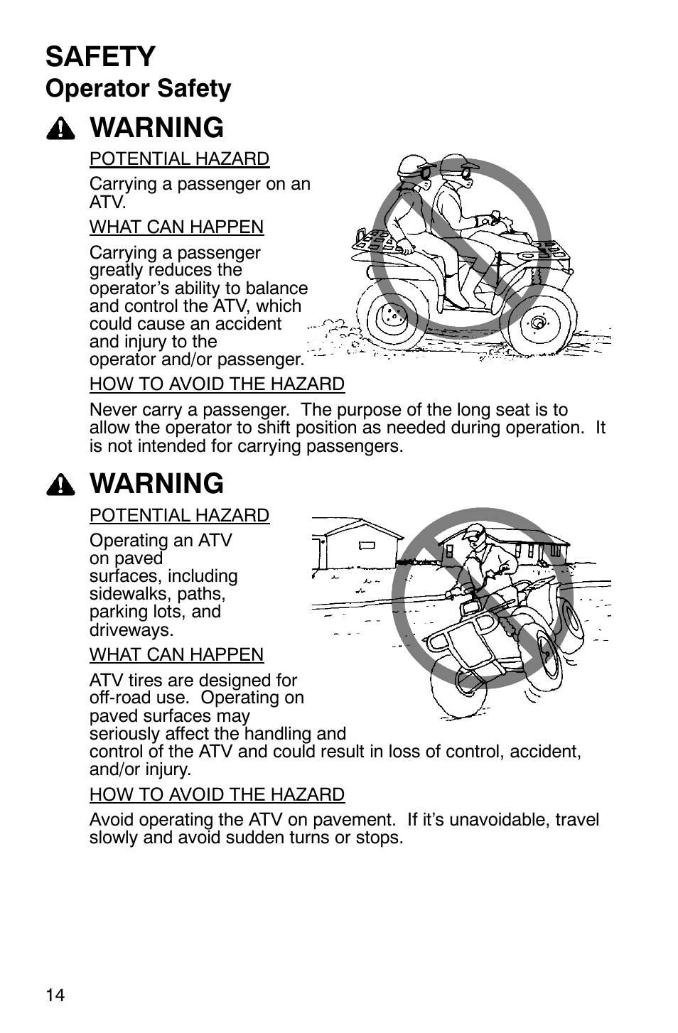 Safety, Warning, Operator safety | Polaris 2005 ATV Scrambler 500 4X4 User Manual | Page 17 / 123