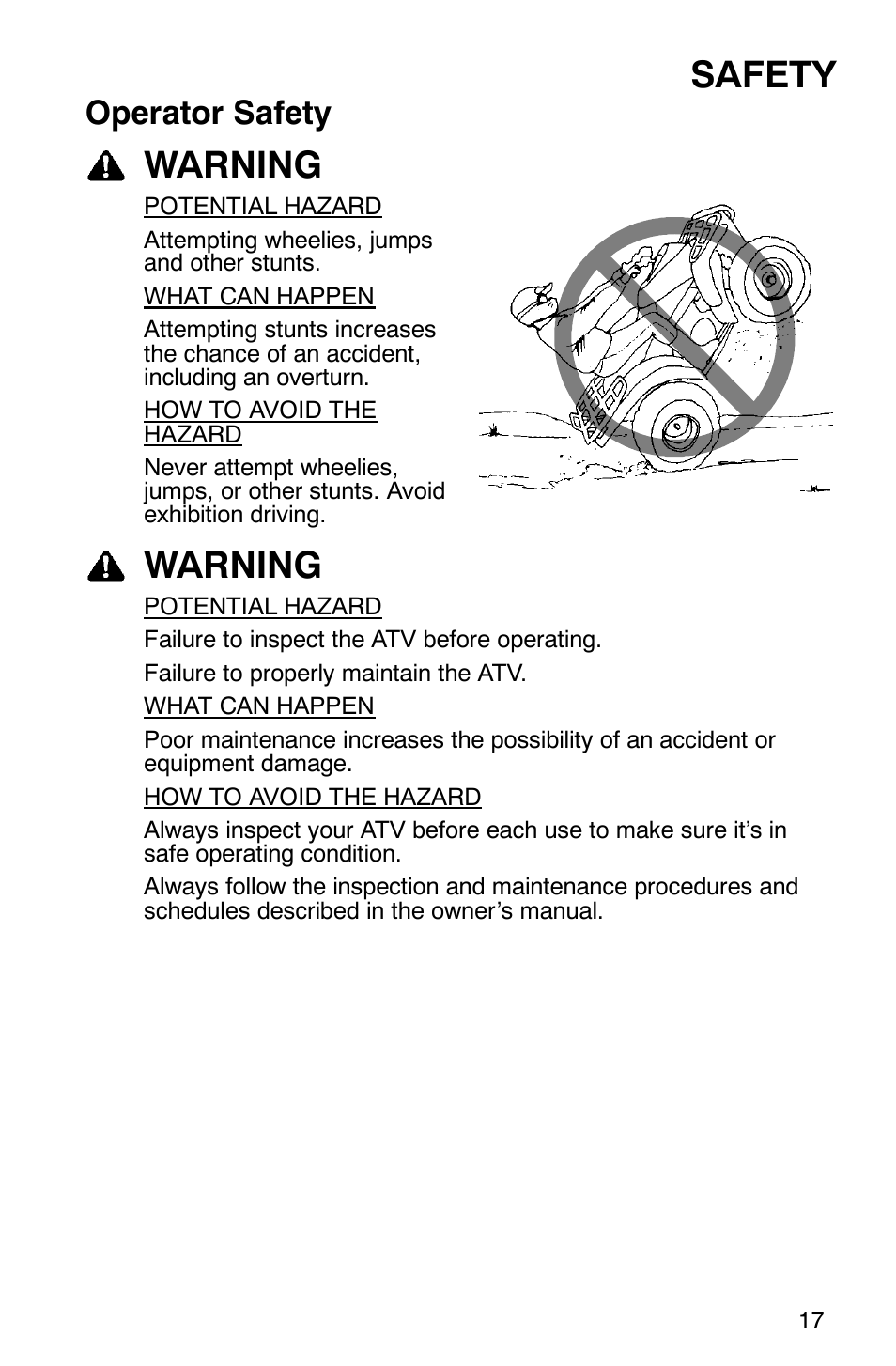 Safety, Warning, Operator safety | Polaris 2005 ATV Scrambler 500 4X4 User Manual | Page 20 / 123