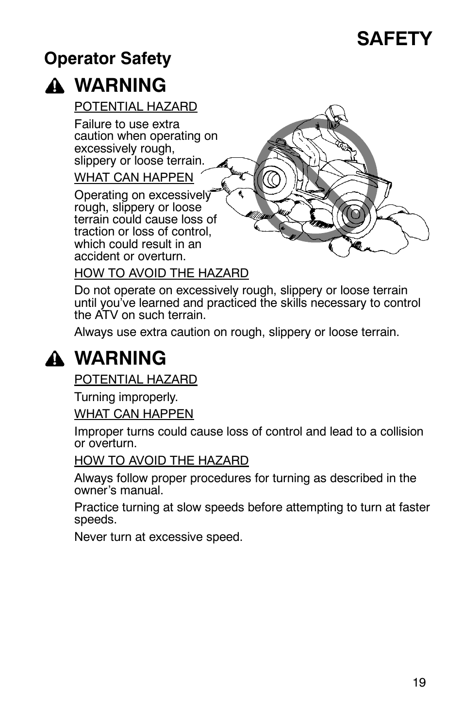 Safety, Warning, Operator safety | Polaris 2005 ATV Scrambler 500 4X4 User Manual | Page 22 / 123