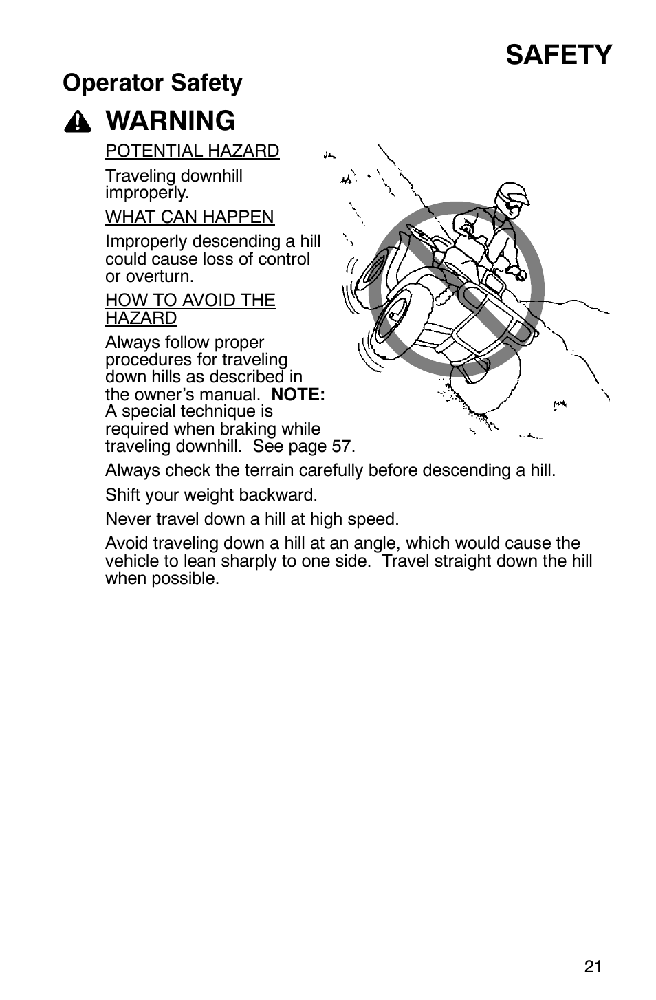 Safety, Warning, Operator safety | Polaris 2005 ATV Scrambler 500 4X4 User Manual | Page 24 / 123