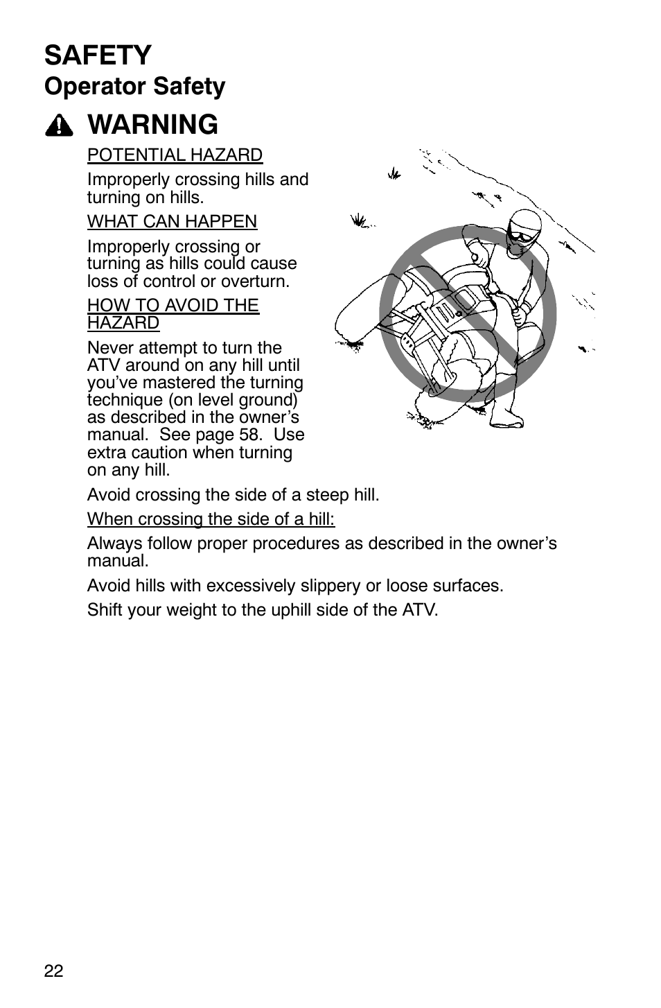 Safety, Warning, Operator safety | Polaris 2005 ATV Scrambler 500 4X4 User Manual | Page 25 / 123