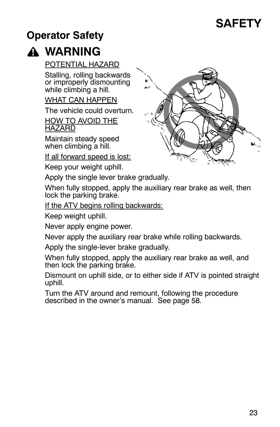 Safety, Warning, Operator safety | Polaris 2005 ATV Scrambler 500 4X4 User Manual | Page 26 / 123