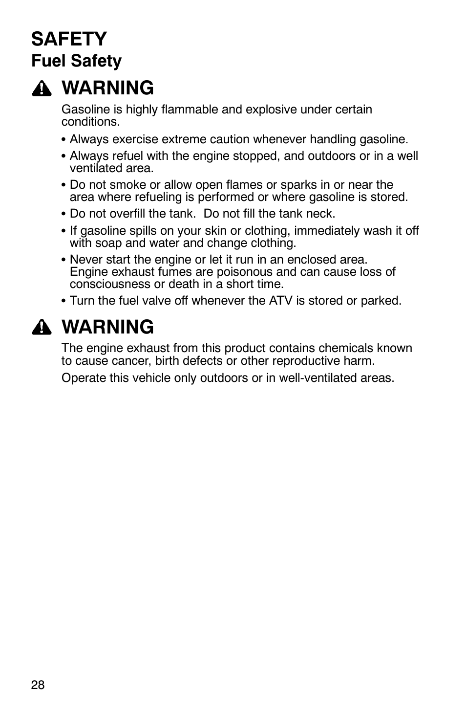 Safety, Warning, Fuel safety | Polaris 2005 ATV Scrambler 500 4X4 User Manual | Page 31 / 123