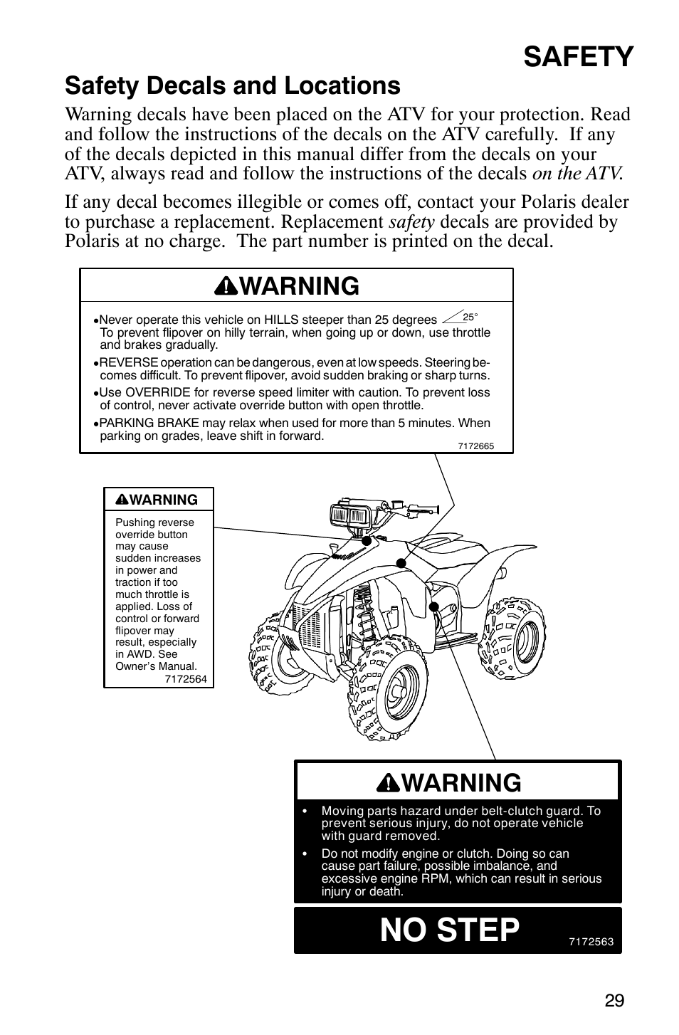 No step, Safety, Safety decals and locations | Warning | Polaris 2005 ATV Scrambler 500 4X4 User Manual | Page 32 / 123