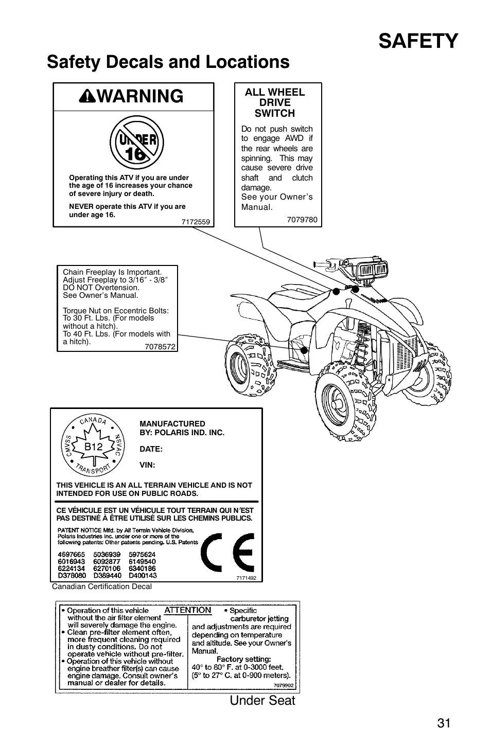 Safety, Safety decals and locations, Warning | Under seat | Polaris 2005 ATV Scrambler 500 4X4 User Manual | Page 34 / 123