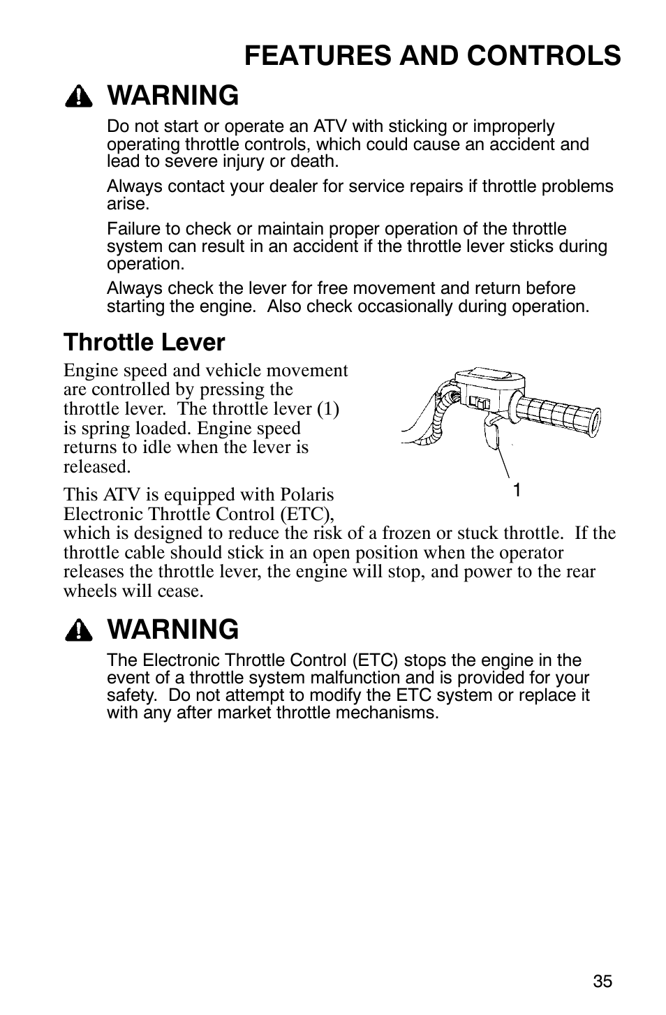 Features and controls warning, Warning, Throttle lever | Polaris 2005 ATV Scrambler 500 4X4 User Manual | Page 38 / 123