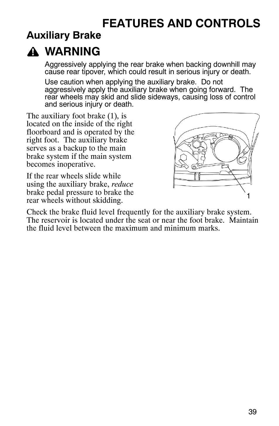 Features and controls, Warning, Auxiliary brake | Polaris 2005 ATV Scrambler 500 4X4 User Manual | Page 42 / 123