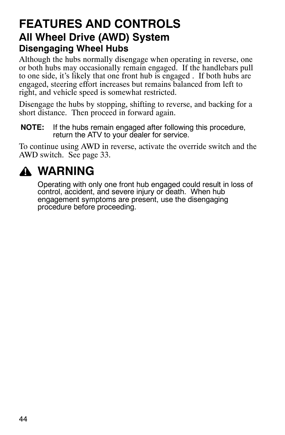 Features and controls, Warning, All wheel drive (awd) system | Polaris 2005 ATV Scrambler 500 4X4 User Manual | Page 47 / 123