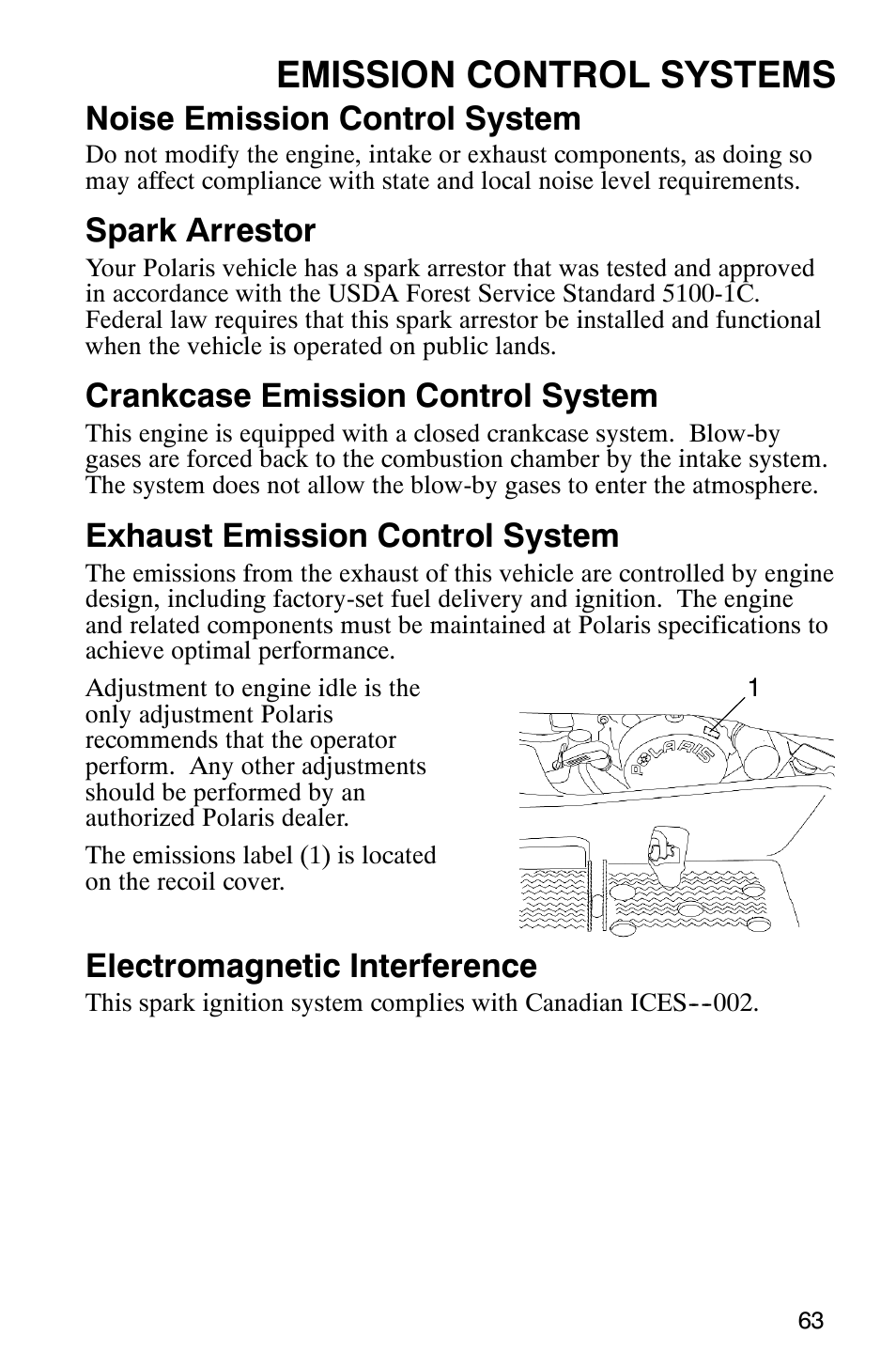 Emission control systems, Noise emission control system, Spark arrestor | Crankcase emission control system, Exhaust emission control system, Electromagnetic interference | Polaris 2005 ATV Scrambler 500 4X4 User Manual | Page 66 / 123