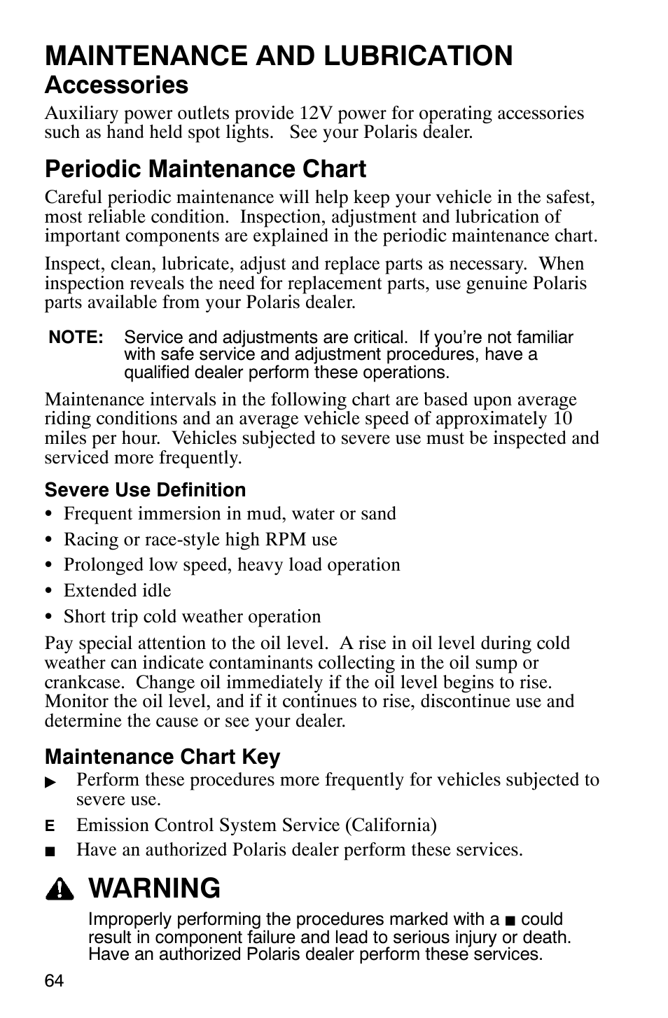 Maintenance and lubrication, Warning, Accessories | Periodic maintenance chart | Polaris 2005 ATV Scrambler 500 4X4 User Manual | Page 67 / 123