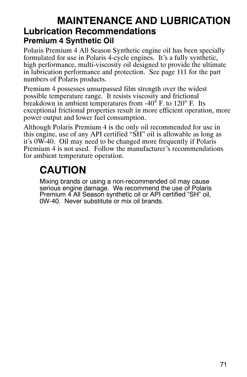 Maintenance and lubrication, Caution, Lubrication recommendations | Polaris 2005 ATV Scrambler 500 4X4 User Manual | Page 74 / 123