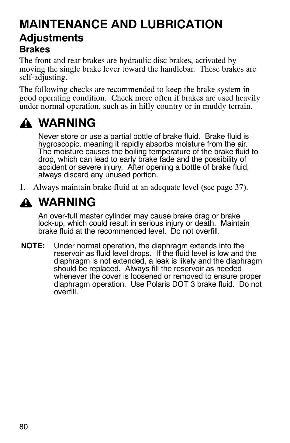 Maintenance and lubrication, Warning, Adjustments | Polaris 2005 ATV Scrambler 500 4X4 User Manual | Page 83 / 123