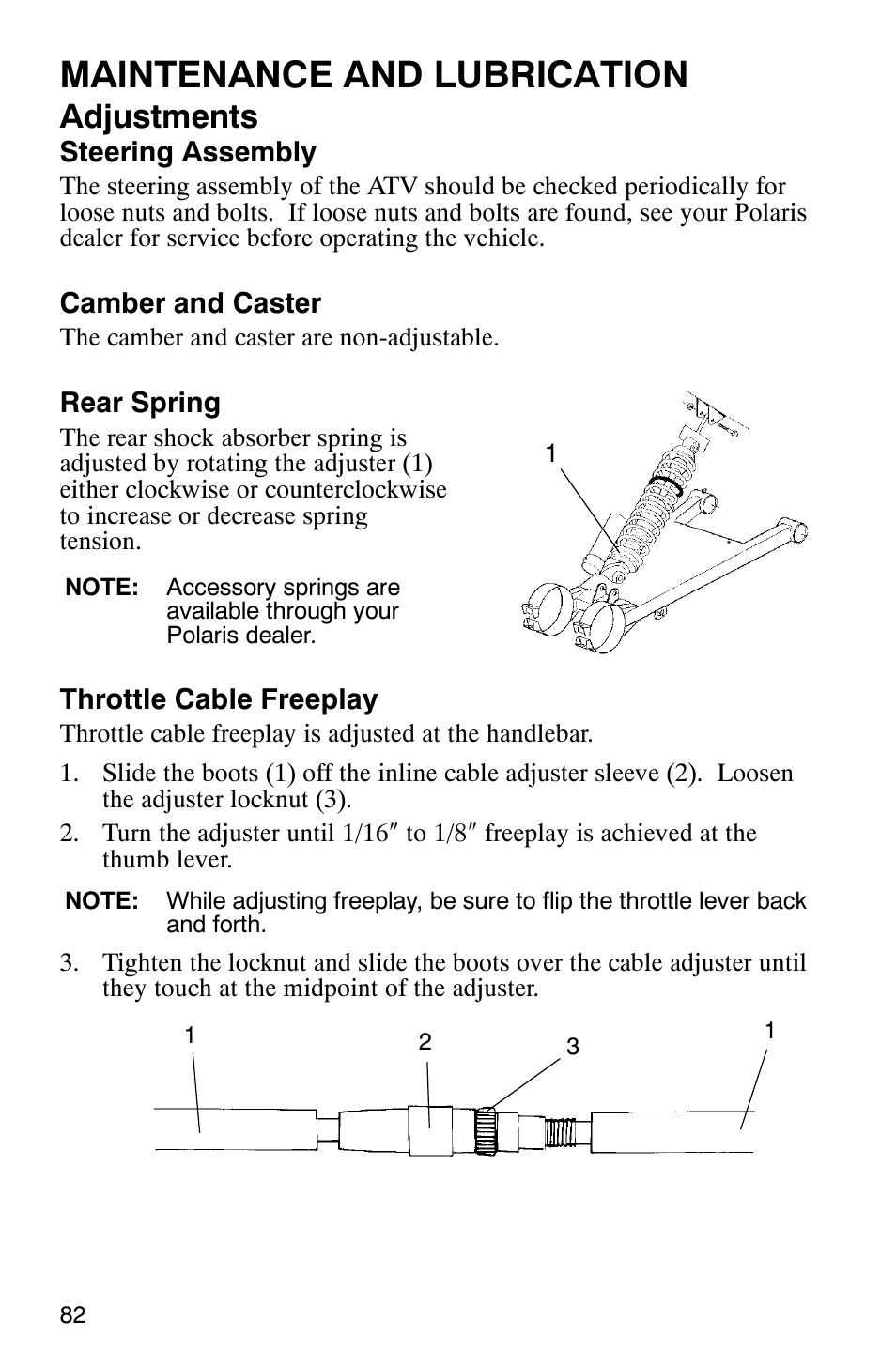 Maintenance and lubrication, Adjustments | Polaris 2005 ATV Scrambler 500 4X4 User Manual | Page 85 / 123