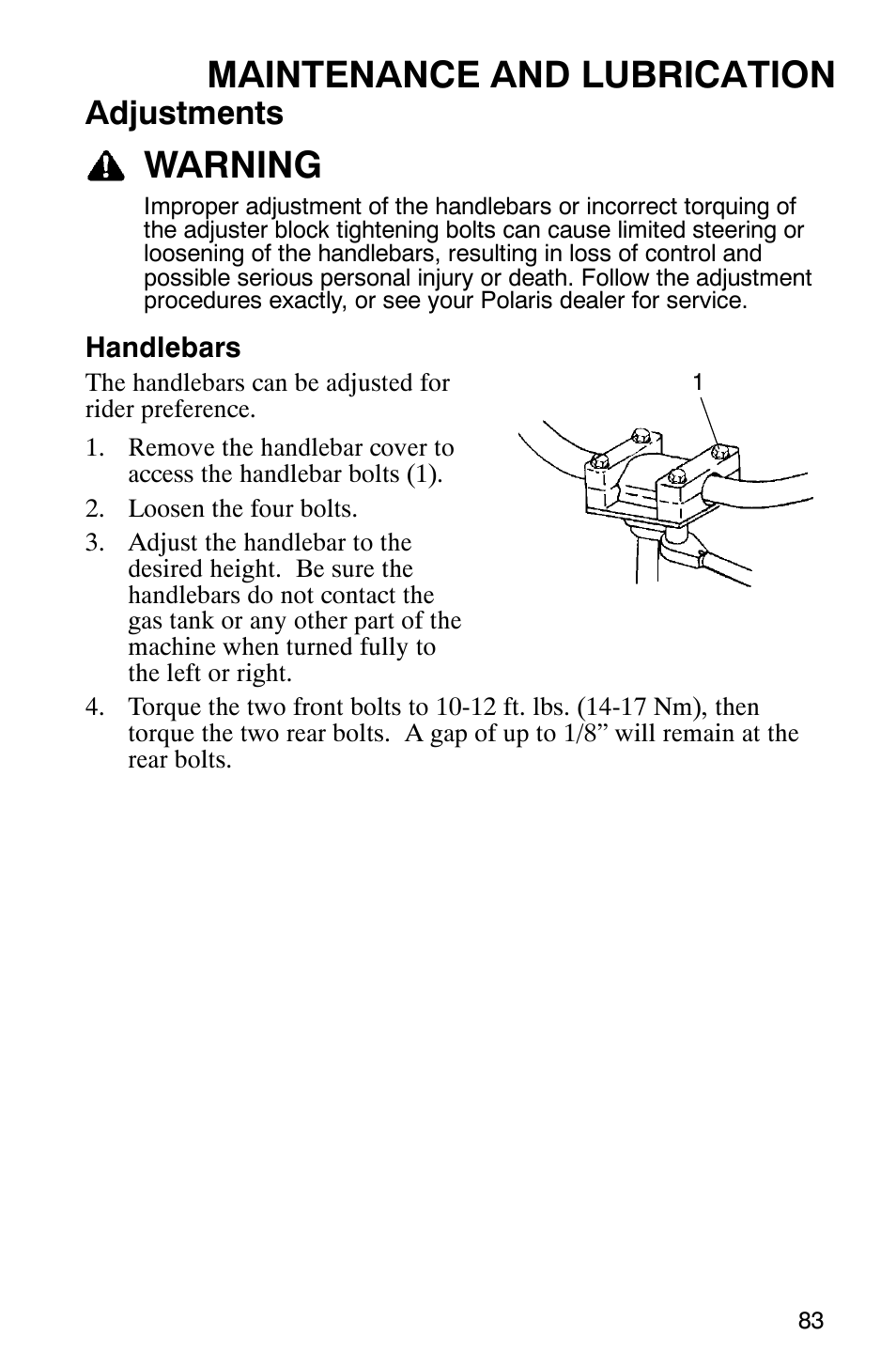 Maintenance and lubrication, Warning, Adjustments | Polaris 2005 ATV Scrambler 500 4X4 User Manual | Page 86 / 123