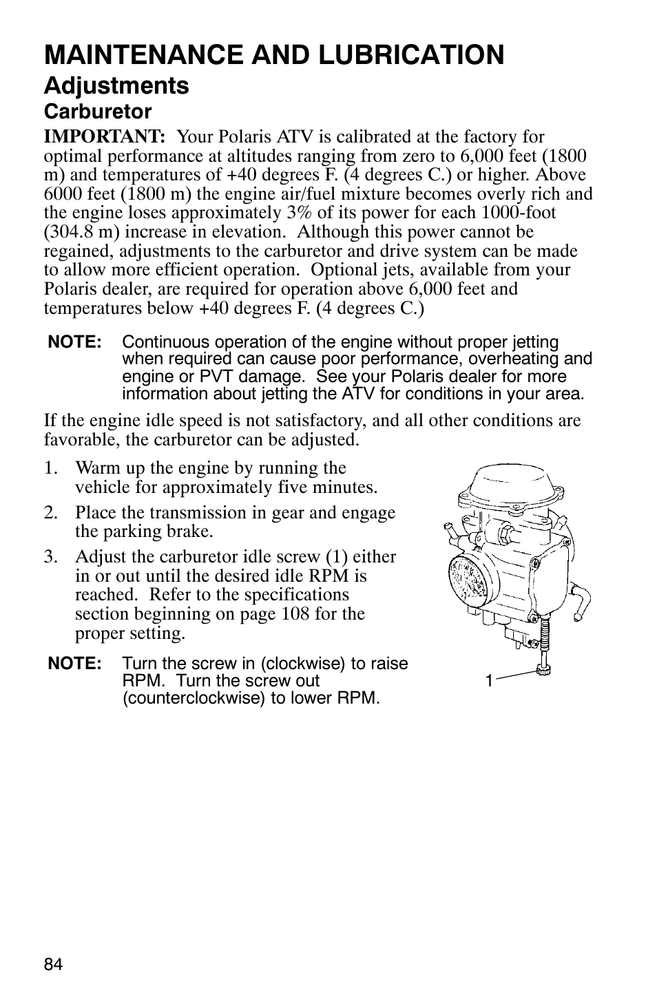 Maintenance and lubrication, Adjustments | Polaris 2005 ATV Scrambler 500 4X4 User Manual | Page 87 / 123