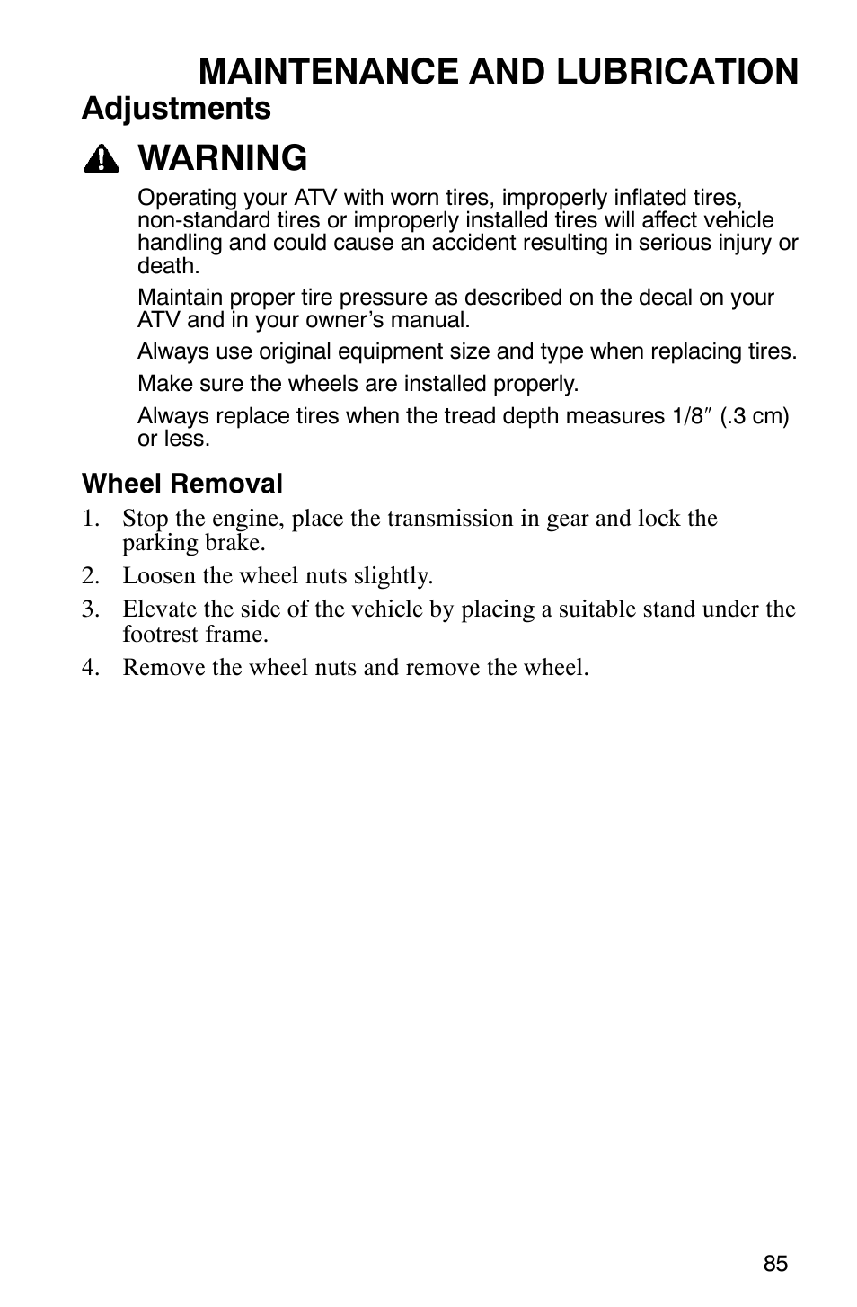Maintenance and lubrication, Warning, Adjustments | Polaris 2005 ATV Scrambler 500 4X4 User Manual | Page 88 / 123