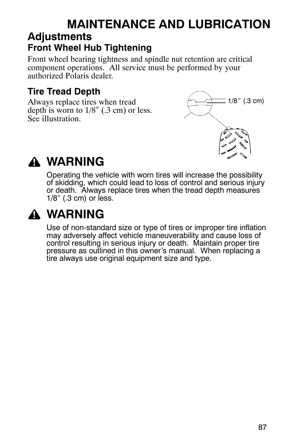 Maintenance and lubrication, Warning, Adjustments | Polaris 2005 ATV Scrambler 500 4X4 User Manual | Page 90 / 123