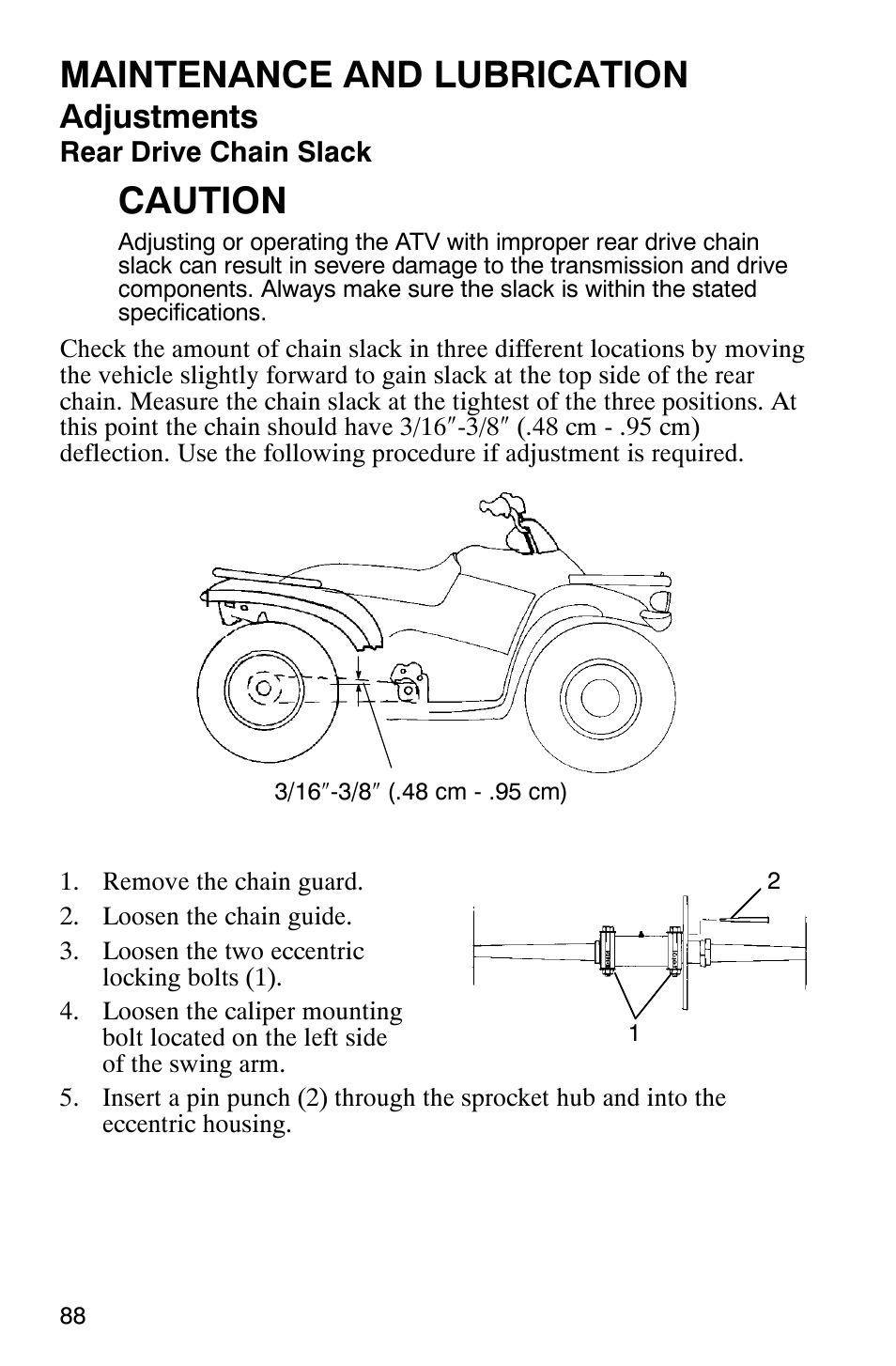 Maintenance and lubrication, Caution, Adjustments | Polaris 2005 ATV Scrambler 500 4X4 User Manual | Page 91 / 123