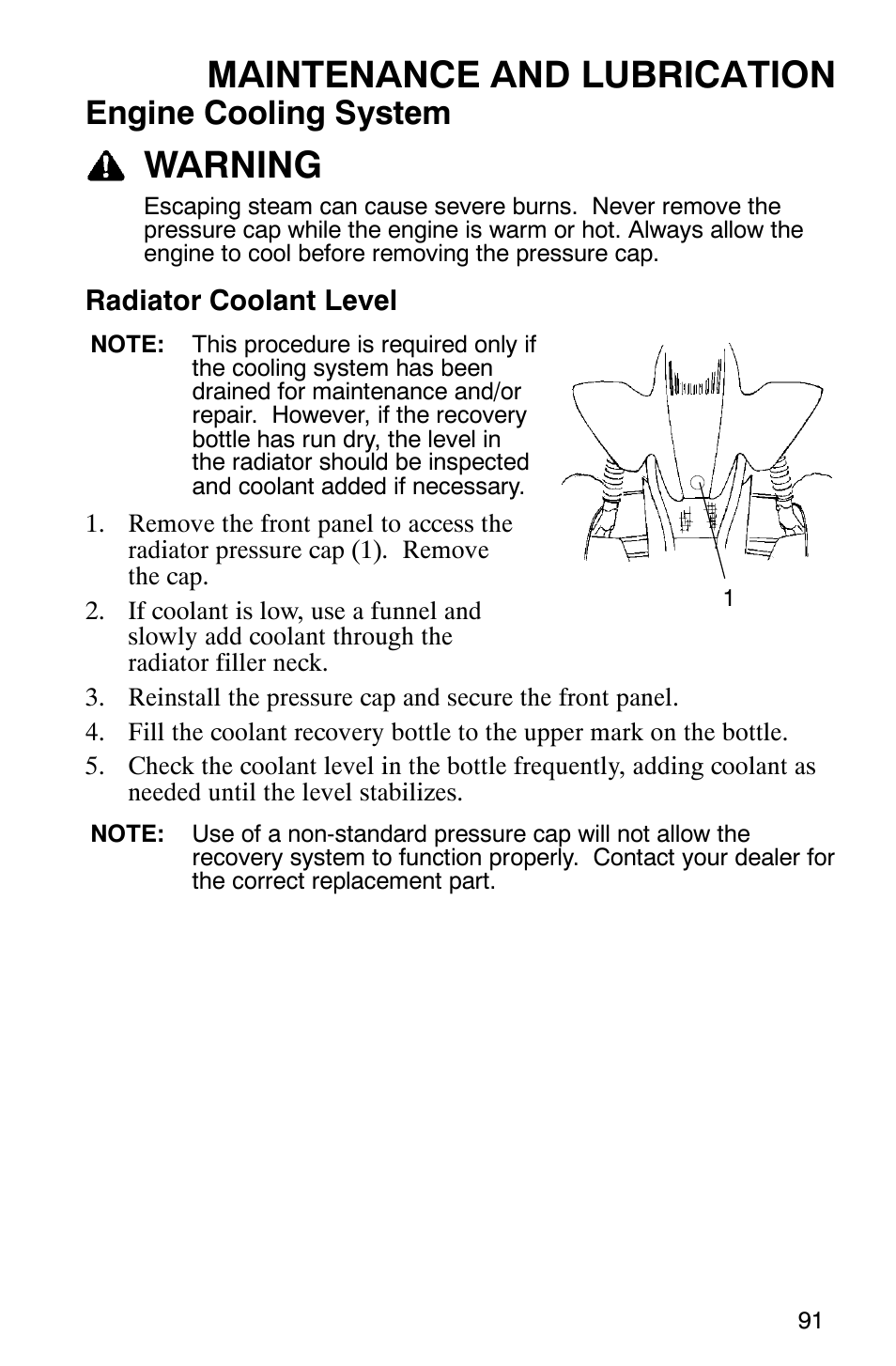 Maintenance and lubrication, Warning, Engine cooling system | Polaris 2005 ATV Scrambler 500 4X4 User Manual | Page 94 / 123