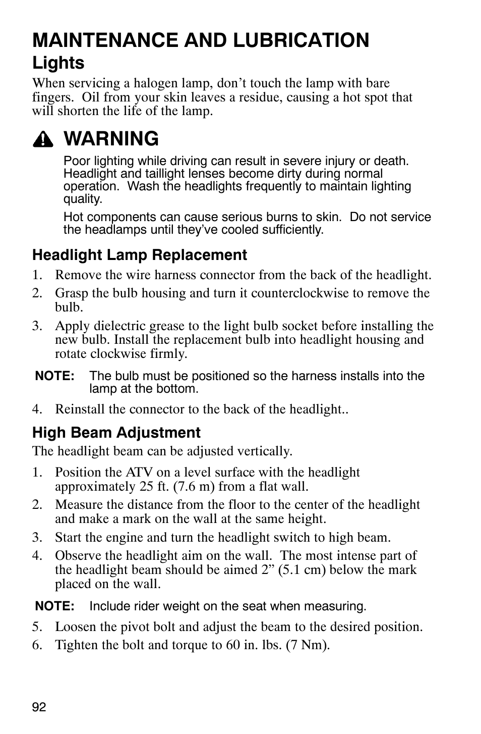 Maintenance and lubrication, Warning, Lights | Polaris 2005 ATV Scrambler 500 4X4 User Manual | Page 95 / 123