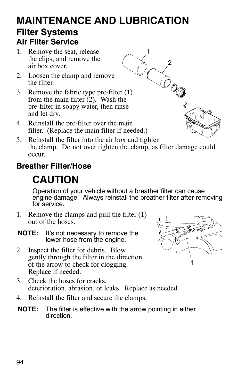 Maintenance and lubrication, Caution, Filter systems | Polaris 2005 ATV Scrambler 500 4X4 User Manual | Page 97 / 123