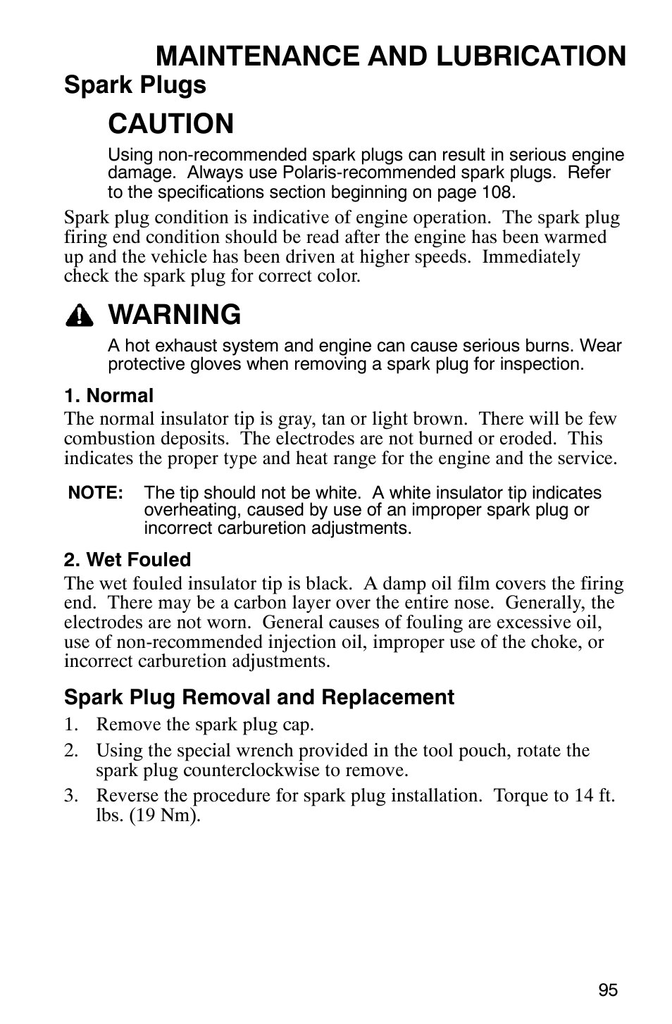 Maintenance and lubrication, Caution, Warning | Spark plugs | Polaris 2005 ATV Scrambler 500 4X4 User Manual | Page 98 / 123