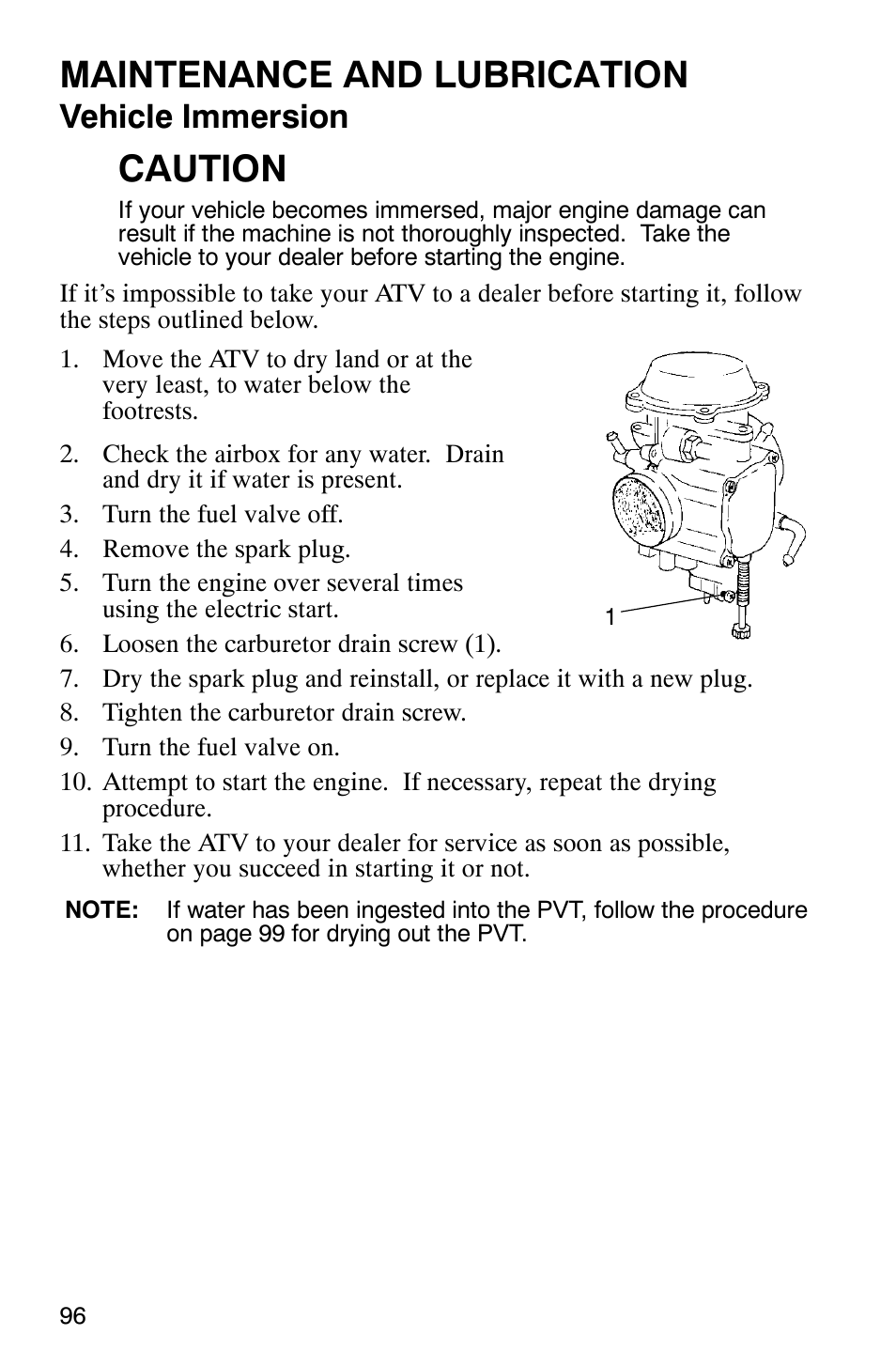 Maintenance and lubrication, Caution, Vehicle immersion | Polaris 2005 ATV Scrambler 500 4X4 User Manual | Page 99 / 123