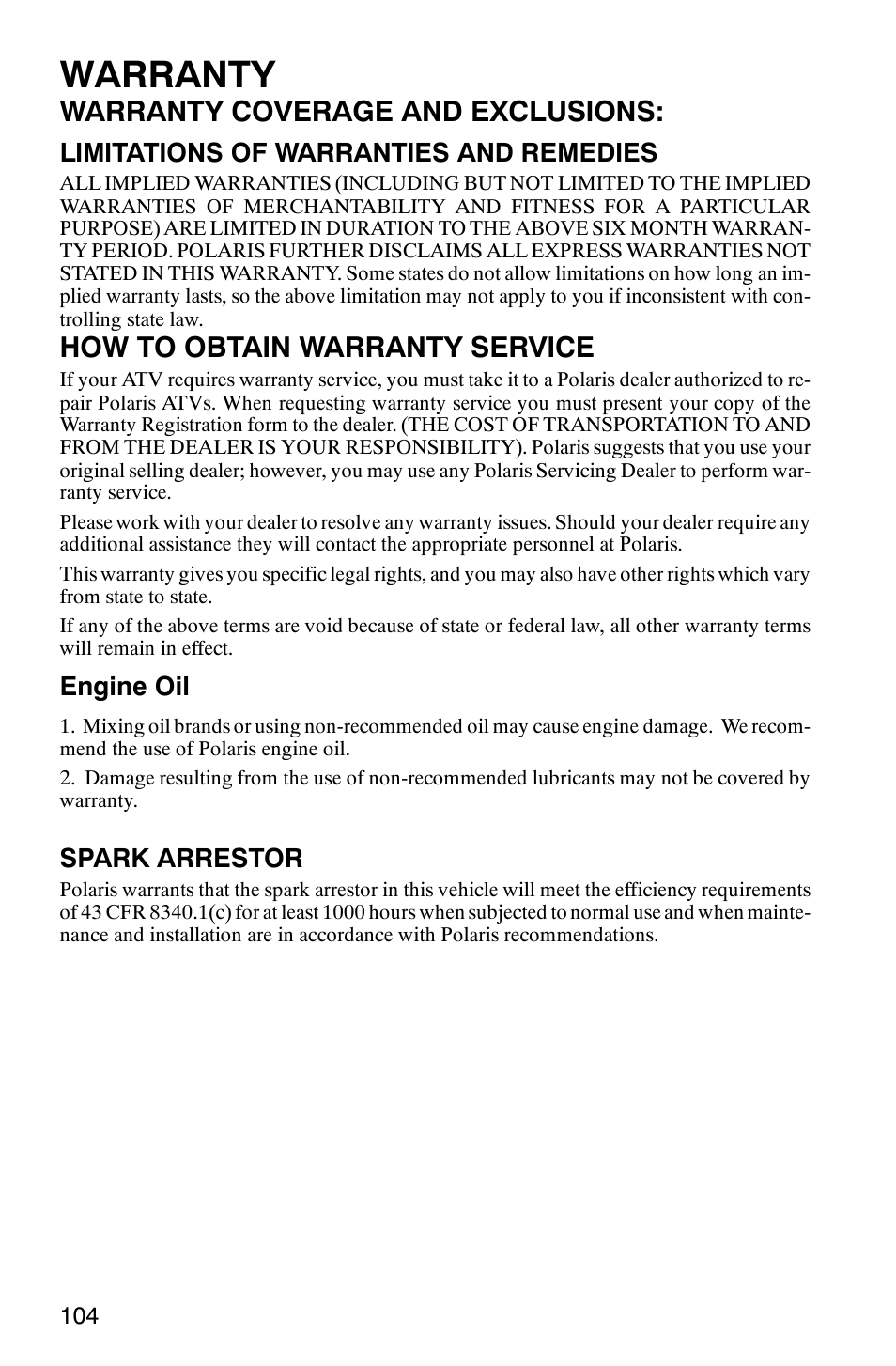 Warranty, Warranty coverage and exclusions, How to obtain warranty service | Polaris 2006 ATV Phoenix 200 User Manual | Page 107 / 114