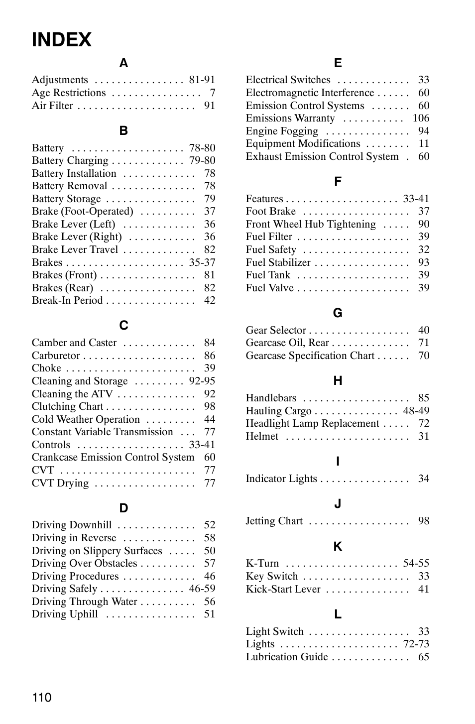 Index | Polaris 2006 ATV Phoenix 200 User Manual | Page 113 / 114
