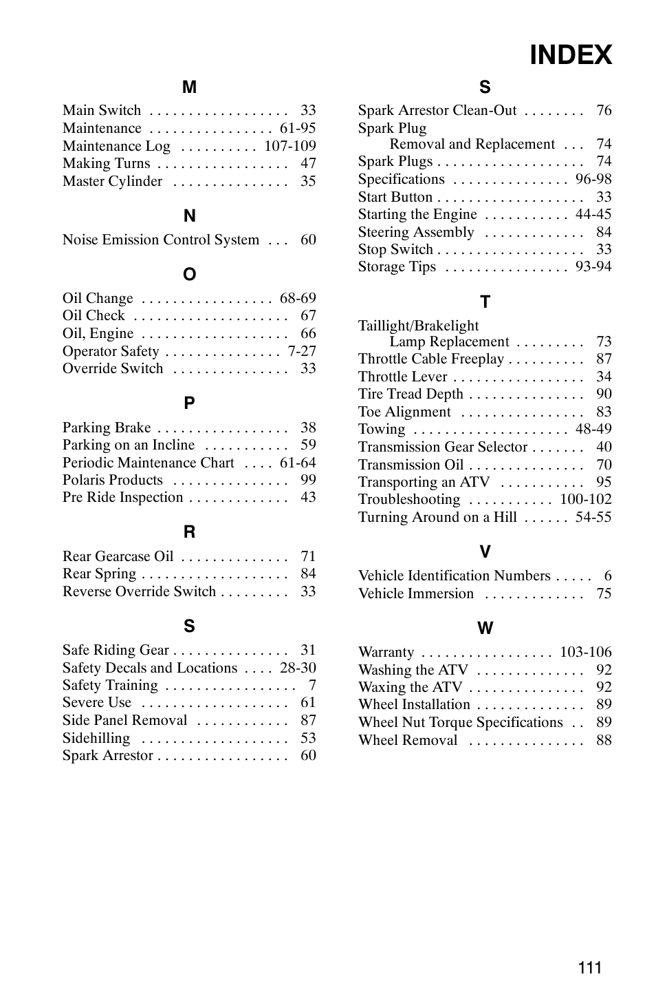 Index | Polaris 2006 ATV Phoenix 200 User Manual | Page 114 / 114