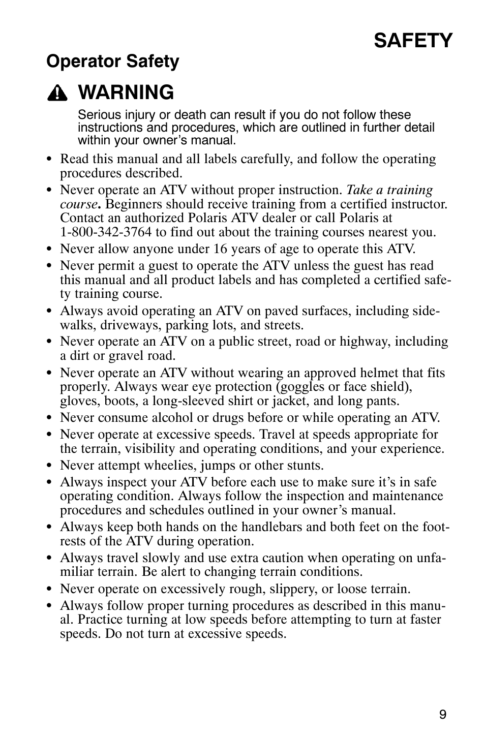 Safety, Warning, Operator safety | Polaris 2006 ATV Phoenix 200 User Manual | Page 12 / 114