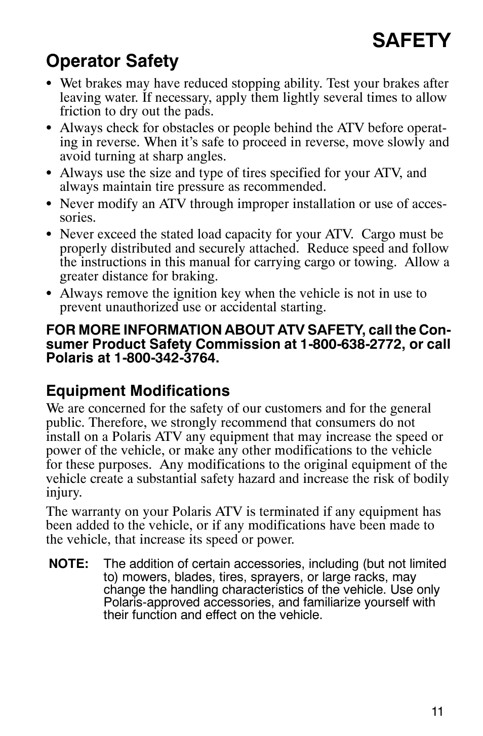Safety, Operator safety | Polaris 2006 ATV Phoenix 200 User Manual | Page 14 / 114