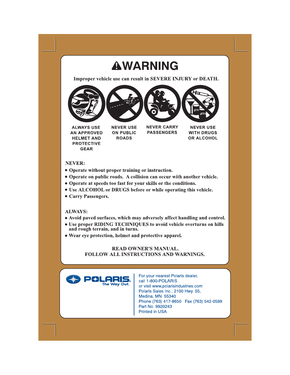 Polaris 2006 ATV Phoenix 200 User Manual | Page 2 / 114