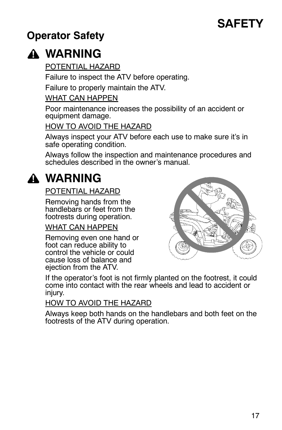 Safety, Warning, Operator safety | Polaris 2006 ATV Phoenix 200 User Manual | Page 20 / 114