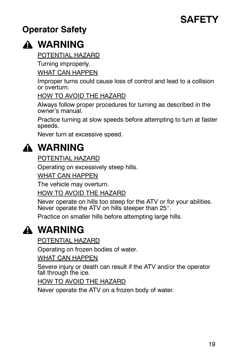 Safety, Warning, Operator safety | Polaris 2006 ATV Phoenix 200 User Manual | Page 22 / 114