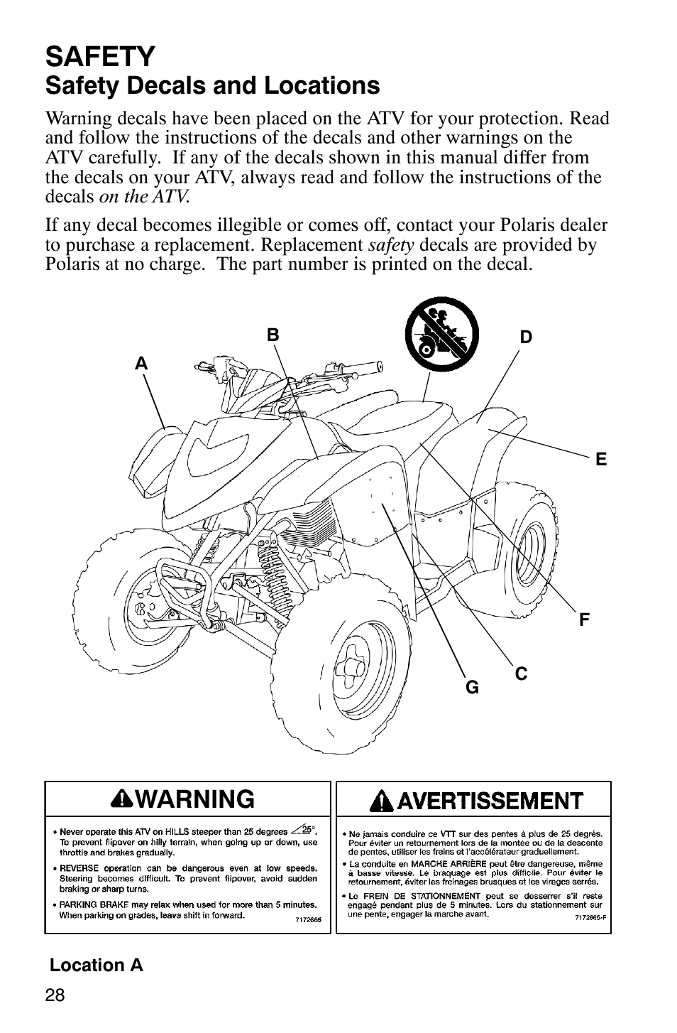 Safety, Safety decals and locations, Warning | Polaris 2006 ATV Phoenix 200 User Manual | Page 31 / 114