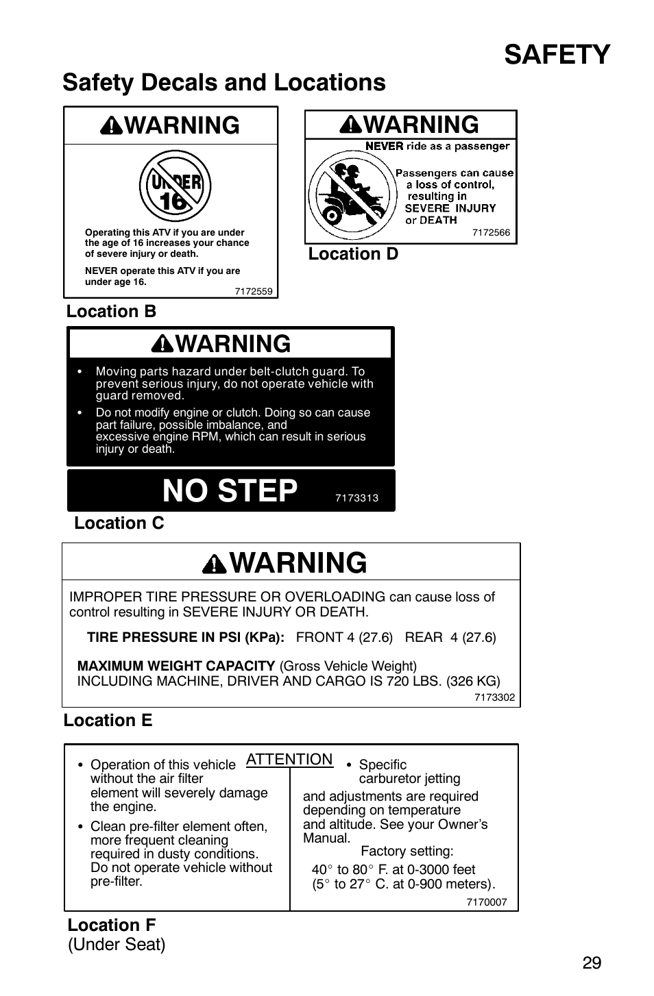 No step, Safety, Safety decals and locations | Warning, Location b location c location d, Location e, Location f (under seat) | Polaris 2006 ATV Phoenix 200 User Manual | Page 32 / 114