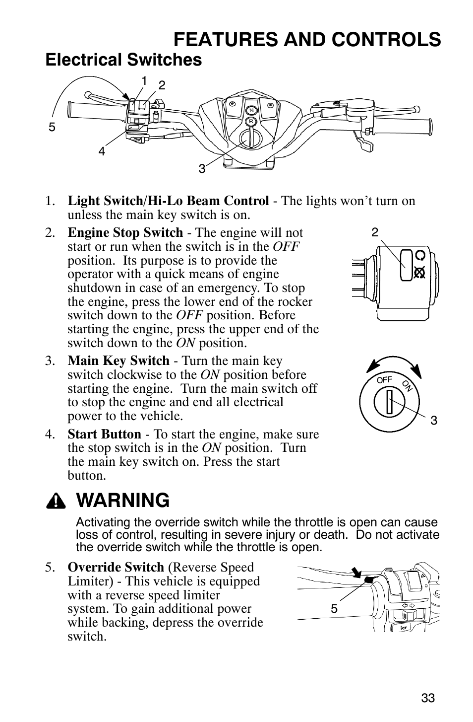 Features and controls, Warning, Electrical switches | Polaris 2006 ATV Phoenix 200 User Manual | Page 36 / 114