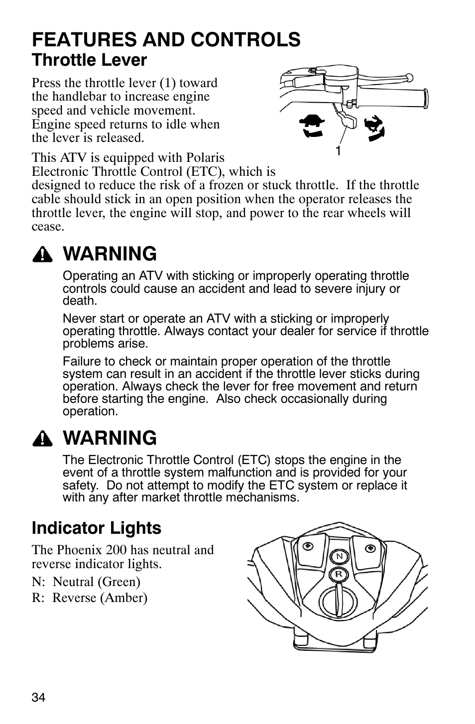 Features and controls, Warning, Throttle lever | Indicator lights | Polaris 2006 ATV Phoenix 200 User Manual | Page 37 / 114