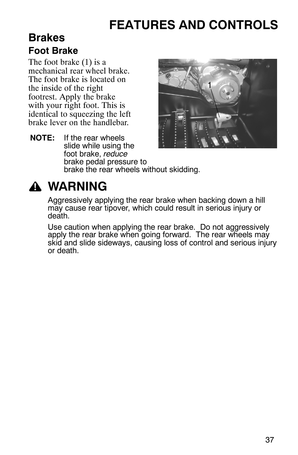 Features and controls, Warning, Brakes | Polaris 2006 ATV Phoenix 200 User Manual | Page 40 / 114