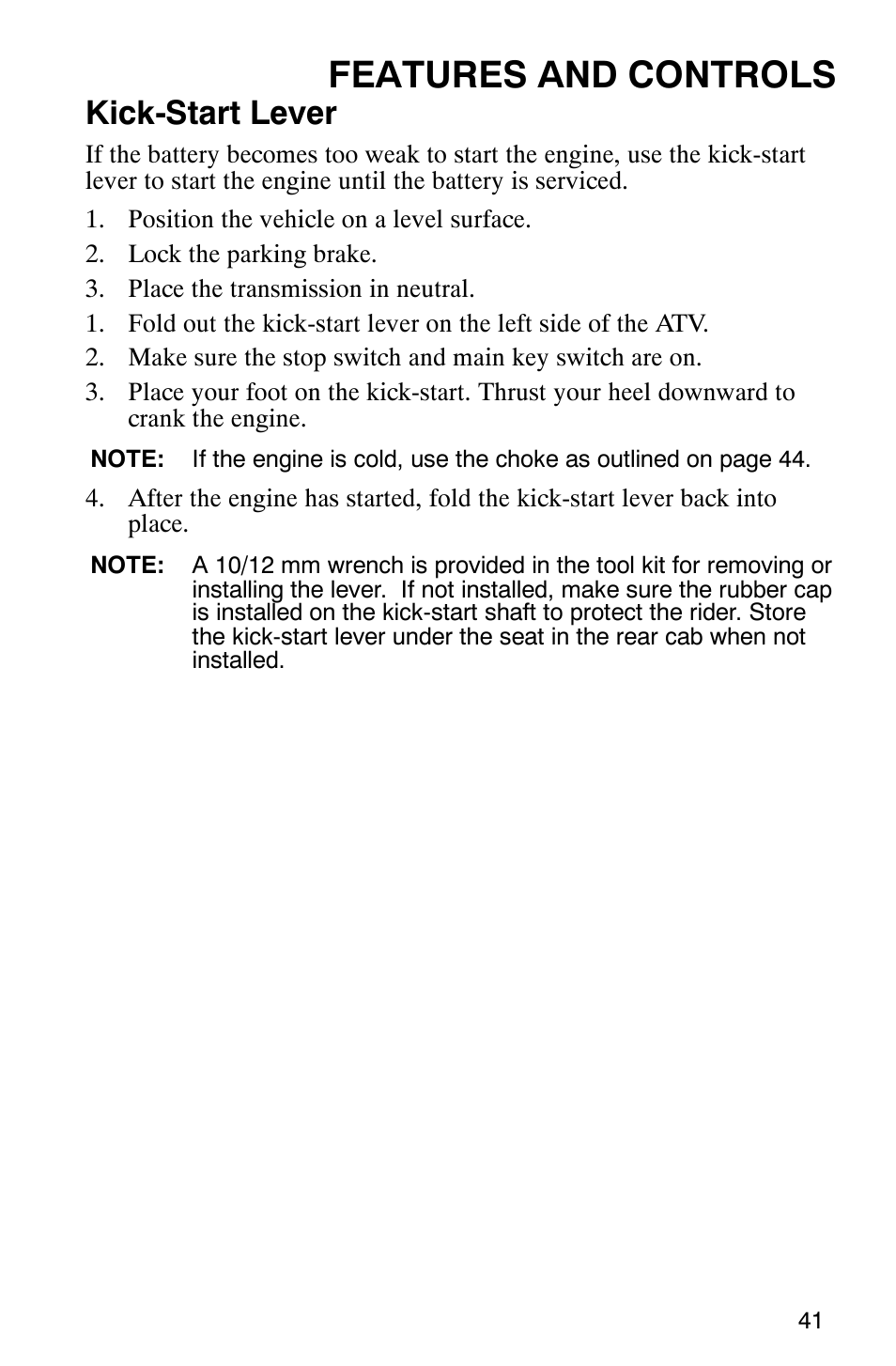 Features and controls, Kick-start lever | Polaris 2006 ATV Phoenix 200 User Manual | Page 44 / 114