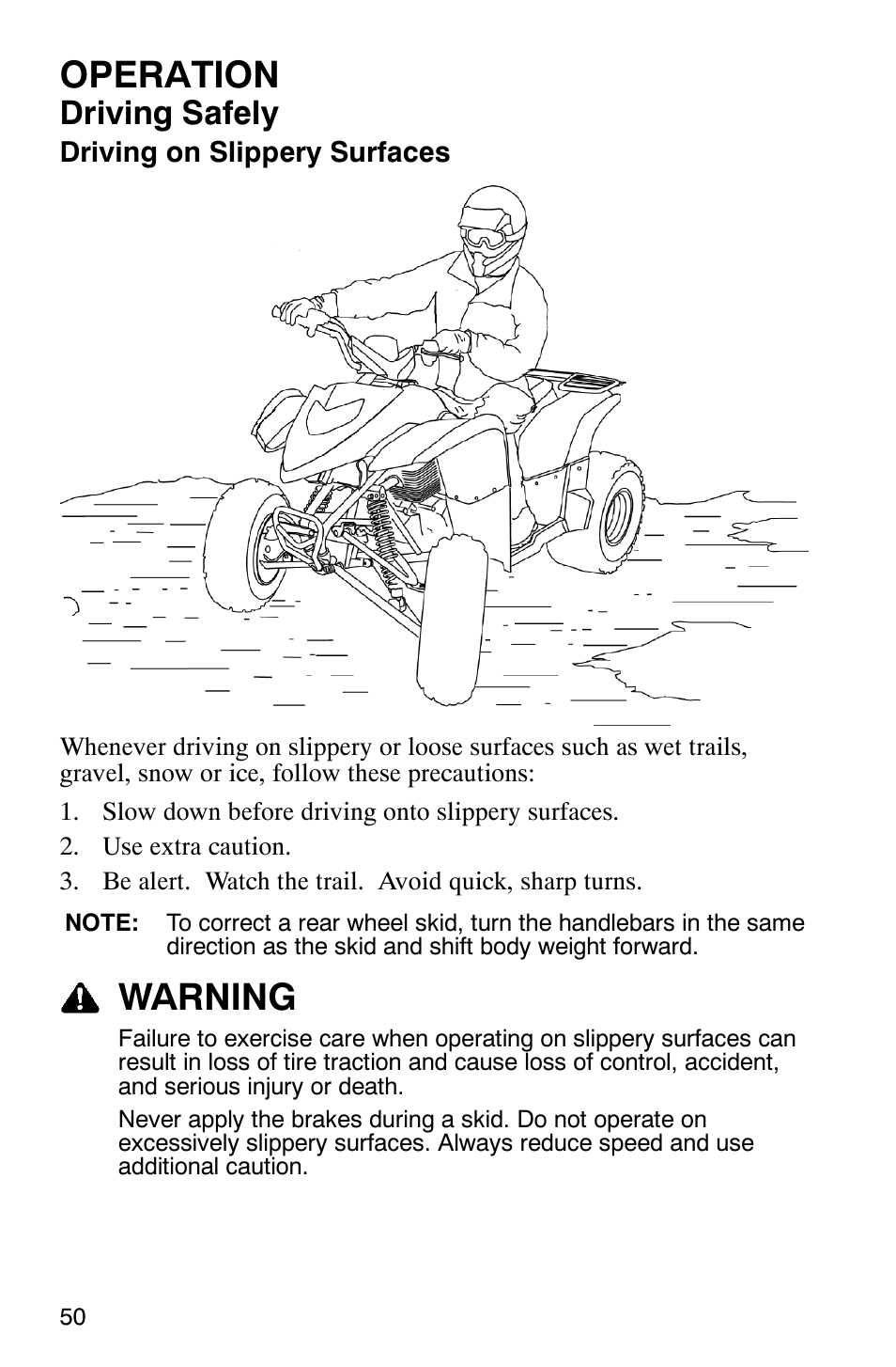 Operation, Warning, Driving safely | Polaris 2006 ATV Phoenix 200 User Manual | Page 53 / 114