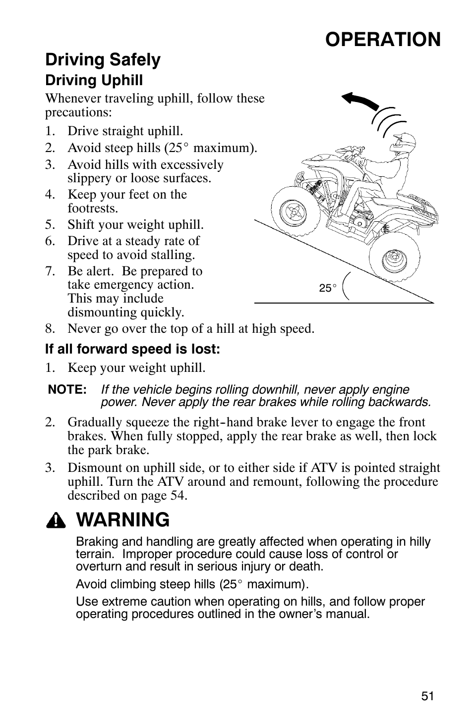 Operation, Warning, Driving safely | Polaris 2006 ATV Phoenix 200 User Manual | Page 54 / 114