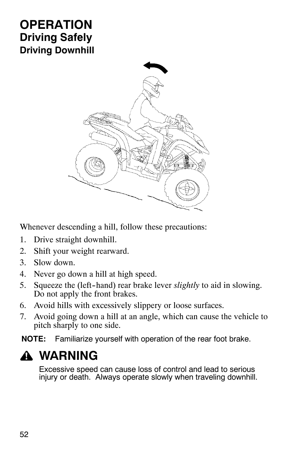 Operation, Warning, Driving safely | Polaris 2006 ATV Phoenix 200 User Manual | Page 55 / 114