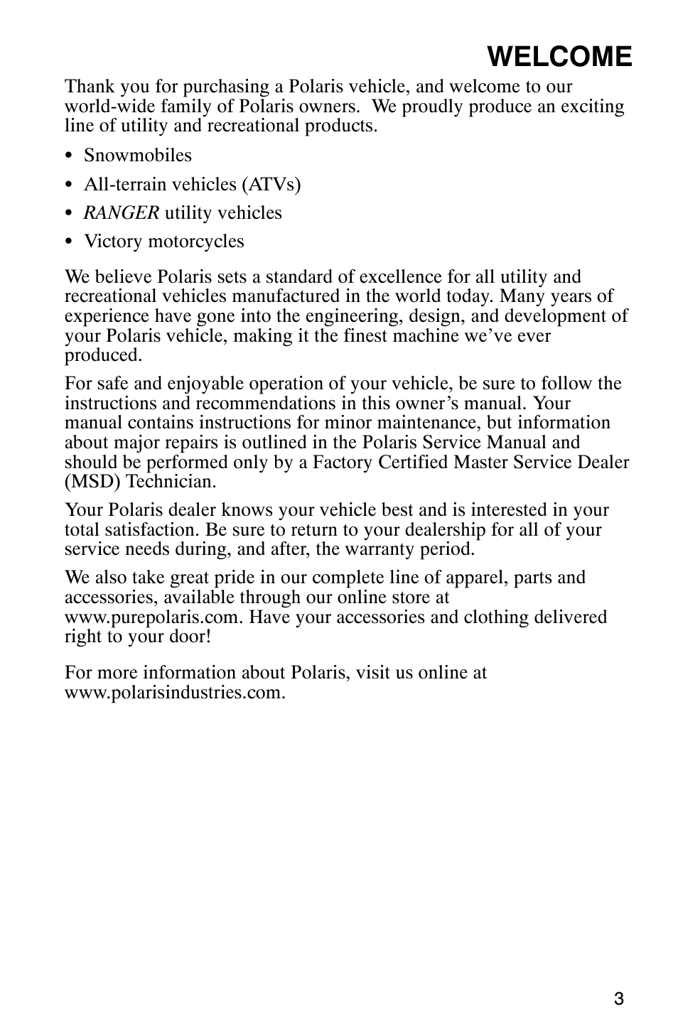 Welcome | Polaris 2006 ATV Phoenix 200 User Manual | Page 6 / 114