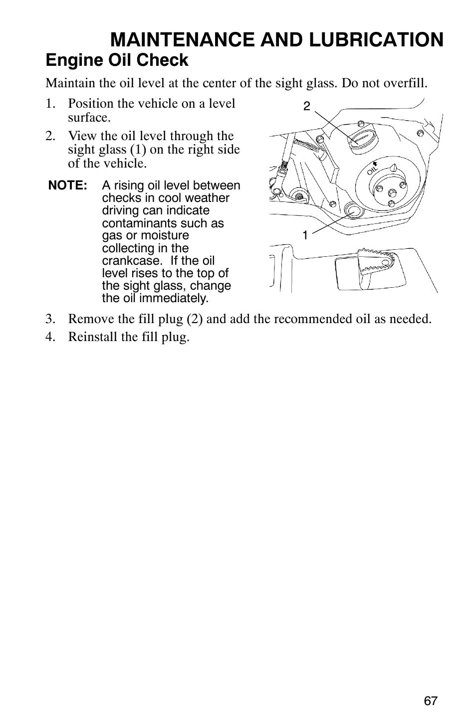 Maintenance and lubrication, Engine oil check | Polaris 2006 ATV Phoenix 200 User Manual | Page 70 / 114