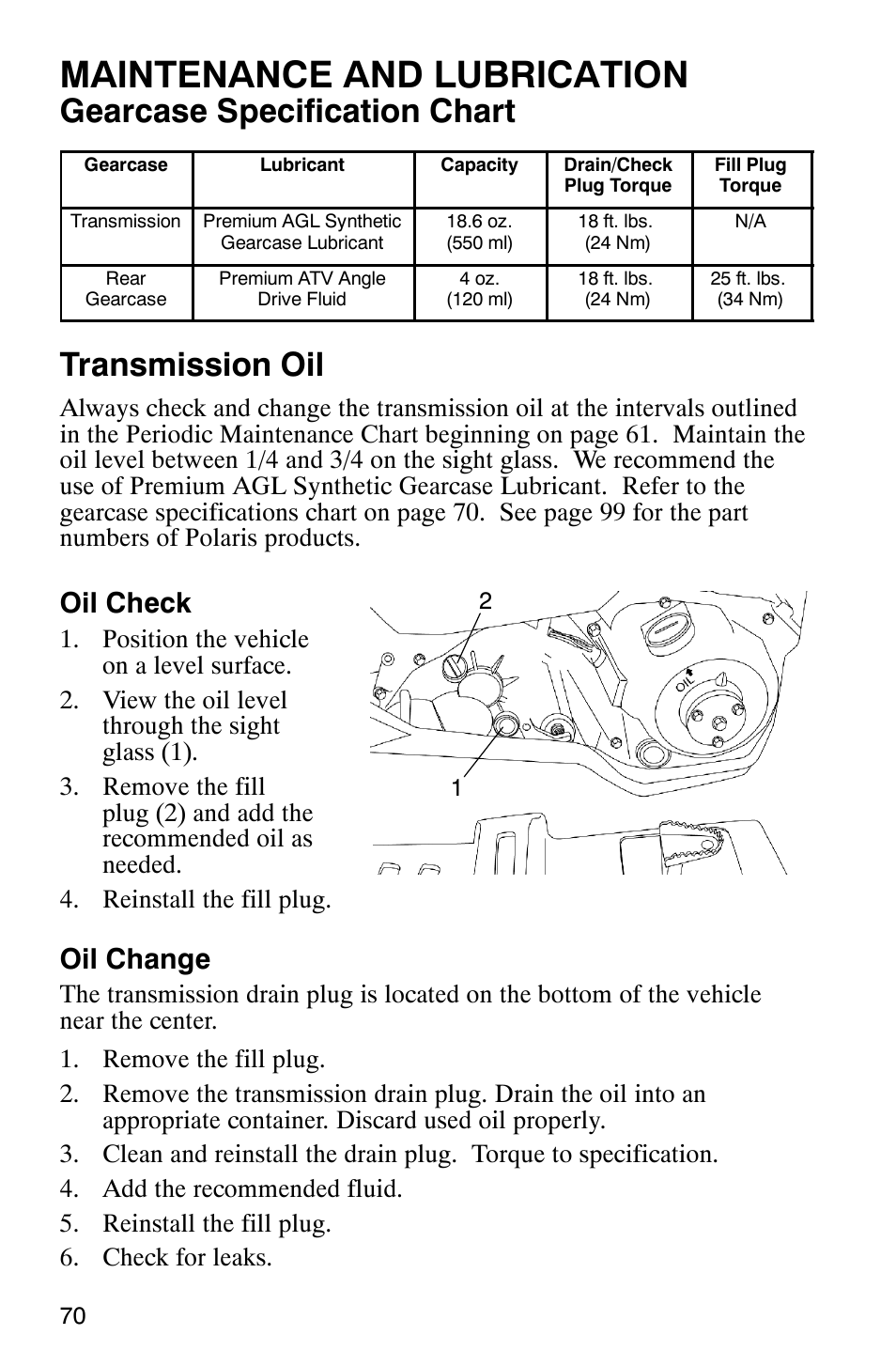 Maintenance and lubrication, Gearcase specification chart, Transmission oil | Oil check, Oil change | Polaris 2006 ATV Phoenix 200 User Manual | Page 73 / 114