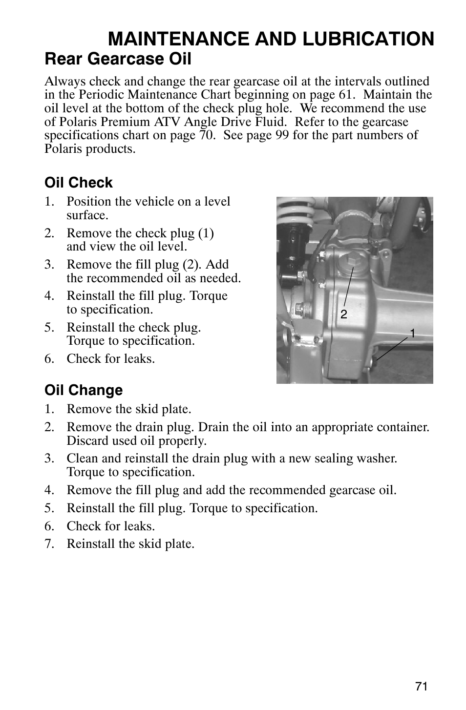 Maintenance and lubrication, Rear gearcase oil | Polaris 2006 ATV Phoenix 200 User Manual | Page 74 / 114