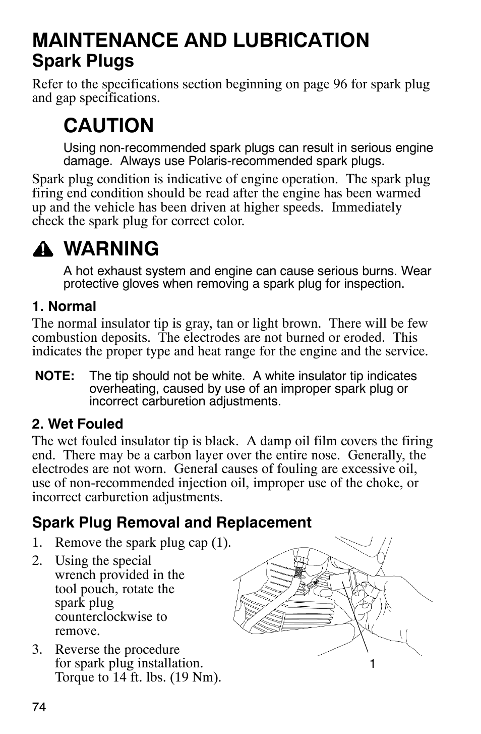 Maintenance and lubrication, Caution, Warning | Spark plugs | Polaris 2006 ATV Phoenix 200 User Manual | Page 77 / 114