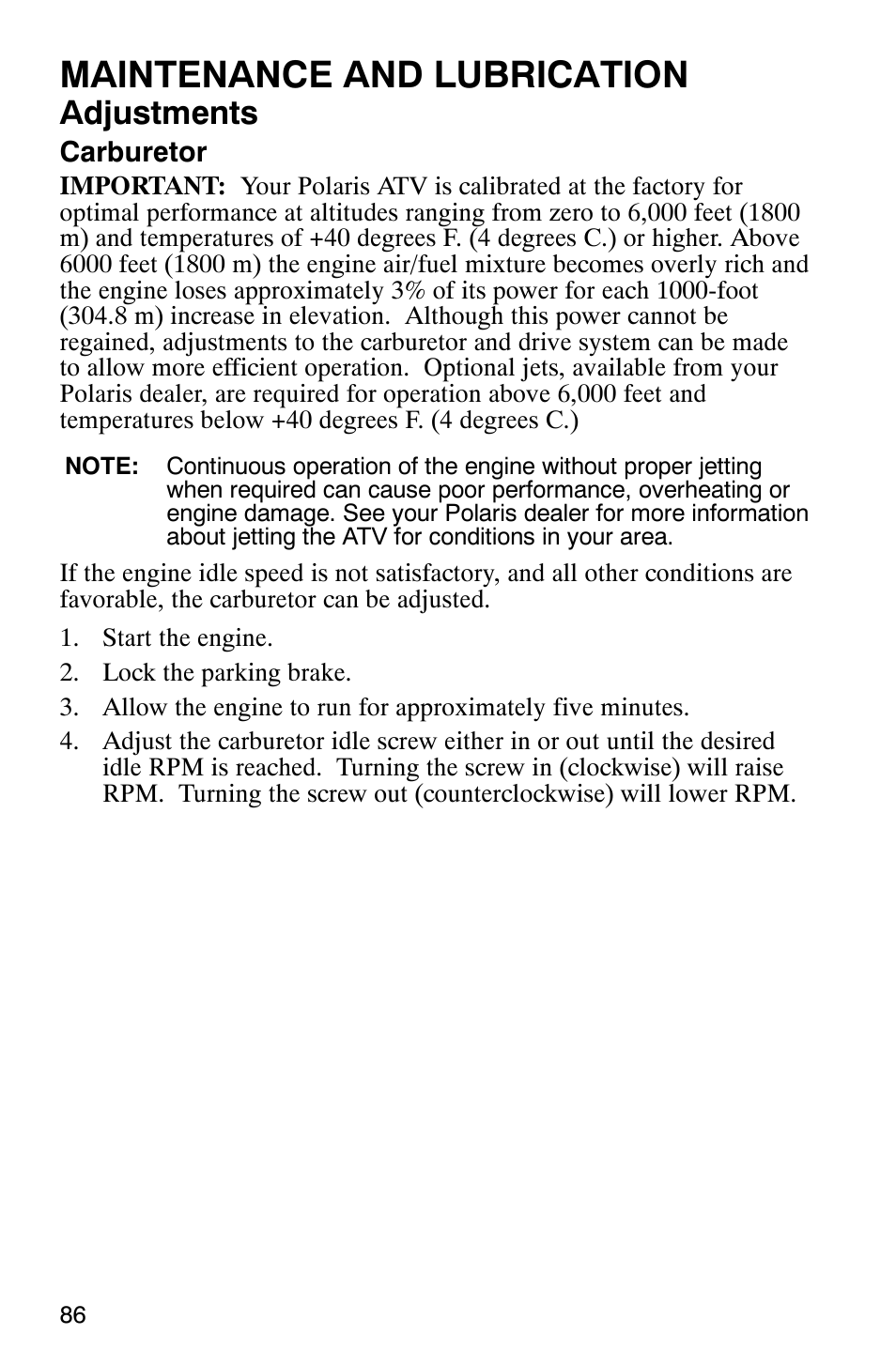 Maintenance and lubrication, Adjustments | Polaris 2006 ATV Phoenix 200 User Manual | Page 89 / 114